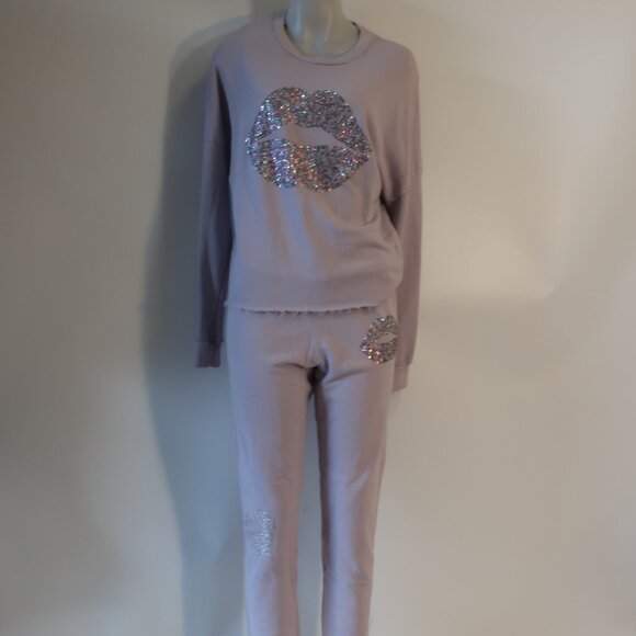 NWT Lauren Moshi Lee Sprinkle Lip Crystal Lavender 2Pc Sweatshirt Jog Pants XS - Picture 1 of 14